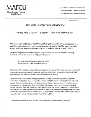 Manville Area FCU 89th Annual Meeting 2026 Manville Area FCU 89th Annual Meeting 2026